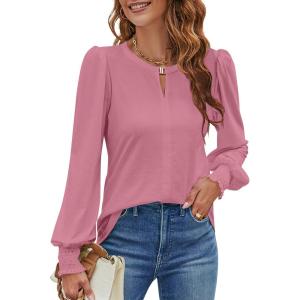 imageBlooming Jelly Womens Long Sleeve Dressy Casual Top V Neck Puff Sleeve Shirt Keyhole Blouse 2025Pink