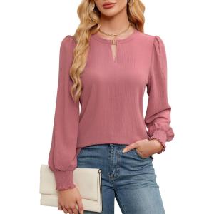 imageBlooming Jelly Womens Long Sleeve Dressy Casual Top V Neck Puff Sleeve Shirt Keyhole Blouse 2025Pink Woven