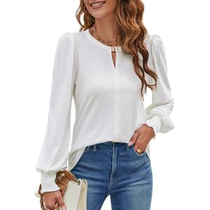 imageBlooming Jelly Womens Long Sleeve Dressy Casual Top V Neck Puff Sleeve Shirt Keyhole Blouse 2025White
