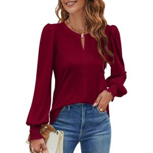 imageBlooming Jelly Womens Long Sleeve Dressy Casual Top V Neck Puff Sleeve Shirt Keyhole Blouse 2025Wine Red
