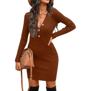imageBlooming Jelly Womens Long Sleeve Sweater Dress Sexy V Neck Bodycon Mini Fall Dress Trendy Ribbed Knit Ladies Winter SweaterBrown