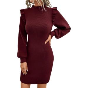 imageBlooming Jelly Womens Mini Sweater Dress Mock Neck Ruffle Long Puff Sleeve Ribbed Casual Bodycon Fall Dresses Winter ClothesBurgundy
