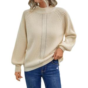 imageBlooming Jelly Womens Mock Neck Sweater Cable Knit Puff Sleeve Chunky Pullover Sweaters Fall Outfits Fashion Winter ClothesBeige