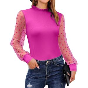 imageBlooming Jelly Womens Mock Neck Tops Keyhole Dressy Casual Blouses Polka Dot Long Sleeve Fall Outfits 2025Hot Pink