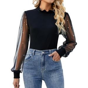 imageBlooming Jelly Womens Mock Neck Tops Keyhole Dressy Casual Blouses Polka Dot Long Sleeve Fall Outfits 2025Pearl Black03
