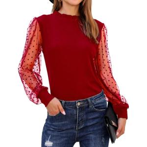 imageBlooming Jelly Womens Mock Neck Tops Keyhole Dressy Casual Blouses Polka Dot Long Sleeve Fall Outfits 2025Red