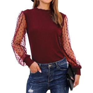 imageBlooming Jelly Womens Mock Neck Tops Keyhole Dressy Casual Blouses Polka Dot Long Sleeve Fall Outfits 2025Wine Red