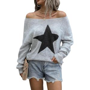 imageBlooming Jelly Womens Off The Shoulder Sweaters Cute Fall Tunic Tops Knitted Pullover SweaterGrey
