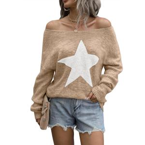 imageBlooming Jelly Womens Off The Shoulder Sweaters Cute Fall Tunic Tops Knitted Pullover SweaterKhaki