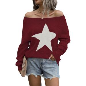 imageBlooming Jelly Womens Off The Shoulder Sweaters Cute Fall Tunic Tops Knitted Pullover SweaterRed