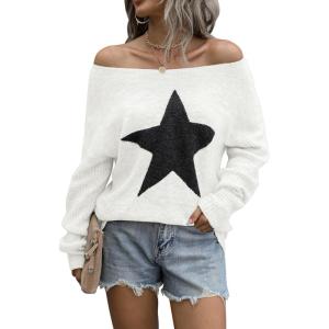 imageBlooming Jelly Womens Off The Shoulder Sweaters Cute Fall Tunic Tops Knitted Pullover SweaterWhite1