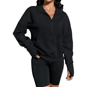 imageBlooming Jelly Womens Oversized Quarter Zip Cute Sweatshirt Lapel Cozy Fleece Trendy Thumb Hole PulloverBlack 05