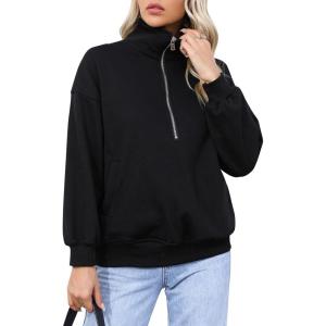 imageBlooming Jelly Womens Oversized Quarter Zip Cute Sweatshirt Lapel Cozy Fleece Trendy Thumb Hole PulloverBlack