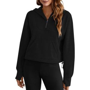 imageBlooming Jelly Womens Oversized Quarter Zip Cute Sweatshirt Lapel Cozy Fleece Trendy Thumb Hole PulloverBlack03