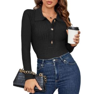 imageBlooming Jelly Womens Pullover Sweater Knit LongSleeve VNeck Collared ButtonUp TopsBlack