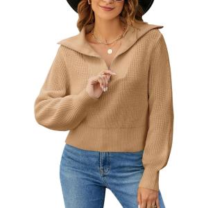 imageBlooming Jelly Womens Quarter Zip Pullover Sweaters Cropped V Neck Loose Fit Trendy Tops 2023 Casual Fall SweaterKhaki