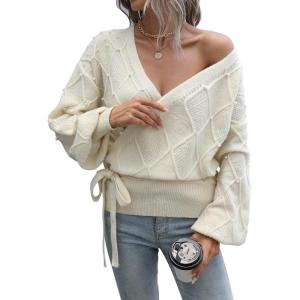imageBlooming Jelly Womens Sexy VNeck Knitted Sweaters Wrap Lantern Sleeve Chunky Fall Winter Pullover Tops with PearlsApricot