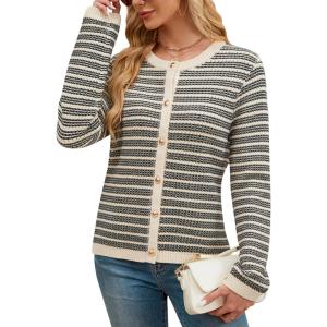 imageBlooming Jelly Womens Striped Cardigan Sweaters Dressy Casual Chunky Knit Coats 2024 Trendy Fall OutfitsApricot