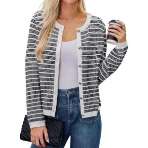 imageBlooming Jelly Womens Striped Cardigan Sweaters Dressy Casual Chunky Knit Coats 2024 Trendy Fall OutfitsWhite