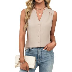 imageBlooming Jelly Womens Summer Button Down Tank Tops Work Dressy Casual Blouses Pleated Sleeveless Trendy Shirts 2025Beige