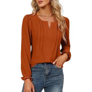 imageBlooming Jelly Womens Tops Dressy Casual Long Sleeve Shirts V Neck Chiffon Blouses Fall Clothes 2024Caramel