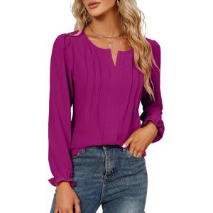 imageBlooming Jelly Womens Tops Dressy Casual Long Sleeve Shirts V Neck Chiffon Blouses Fall Clothes 2024Fuchsia