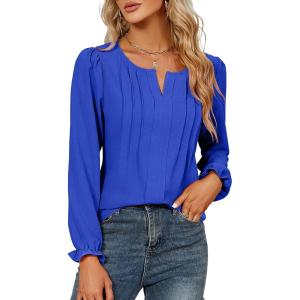 imageBlooming Jelly Womens Tops Dressy Casual Long Sleeve Shirts V Neck Chiffon Blouses Fall Clothes 2024Royal Blue