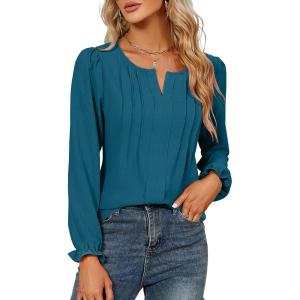 imageBlooming Jelly Womens Tops Dressy Casual Long Sleeve Shirts V Neck Chiffon Blouses Fall Clothes 2024Teal Blue