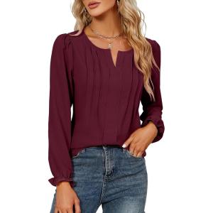 imageBlooming Jelly Womens Tops Dressy Casual Long Sleeve Shirts V Neck Chiffon Blouses Fall Clothes 2024Wine Red