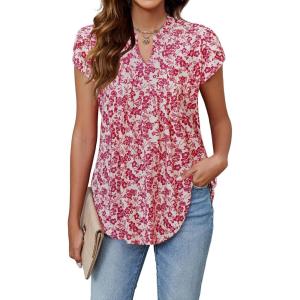 imageBlooming Jelly Womens Tunic Tops Summer Dressy Casual Blouses Business Outfits Plus Size Cap Sleeve Pleated ShirtsBeige and Red Floral