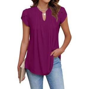 imageBlooming Jelly Womens Tunic Tops Summer Dressy Casual Blouses Business Outfits Plus Size Cap Sleeve Pleated ShirtsFuchsia