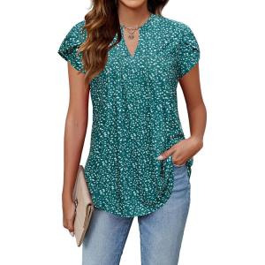 imageBlooming Jelly Womens Tunic Tops Summer Dressy Casual Blouses Business Outfits Plus Size Cap Sleeve Pleated ShirtsGreen and White Floral