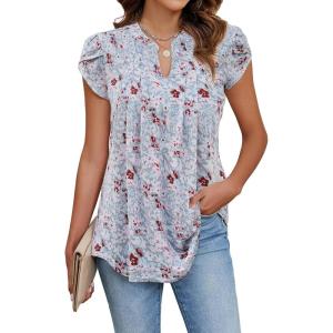 imageBlooming Jelly Womens Tunic Tops Summer Dressy Casual Blouses Business Outfits Plus Size Cap Sleeve Pleated ShirtsLight Khaki  Pink Floral