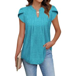 imageBlooming Jelly Womens Tunic Tops Summer Dressy Casual Blouses Business Outfits Plus Size Cap Sleeve Pleated ShirtsTeal