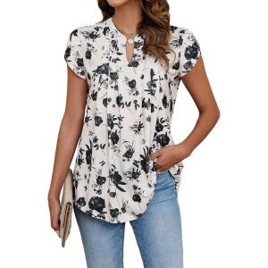 imageBlooming Jelly Womens Tunic Tops Summer Dressy Casual Blouses Business Outfits Plus Size Cap Sleeve Pleated ShirtsWhite and Black Floral Print