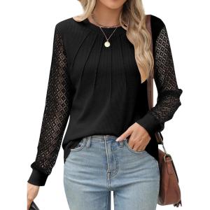 imageBlooming Jelly Womens Waffle Knit Long Sleeve Top Dressy Business Casual Blouse Lace Sleeve Shirts Fall Clothes 2024Black