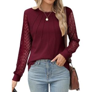 imageBlooming Jelly Womens Waffle Knit Long Sleeve Top Dressy Business Casual Blouse Lace Sleeve Shirts Fall Clothes 2024Wine Red