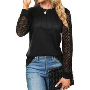 imageBlooming Jelly Womens Waffle Knit Tops Dressy Business Casual Blouses Lace Long Sleeve Work Shirts Fall ClothesBlack
