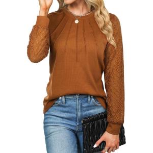 imageBlooming Jelly Womens Waffle Knit Tops Dressy Business Casual Blouses Lace Long Sleeve Work Shirts Fall ClothesCaramel