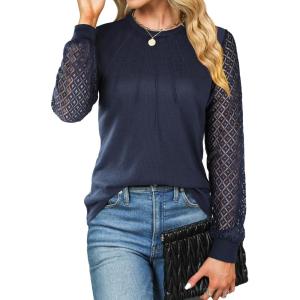 imageBlooming Jelly Womens Waffle Knit Tops Dressy Business Casual Blouses Lace Long Sleeve Work Shirts Fall ClothesDark Blue