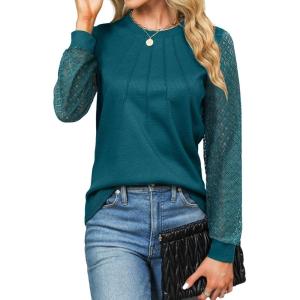 imageBlooming Jelly Womens Waffle Knit Tops Dressy Business Casual Blouses Lace Long Sleeve Work Shirts Fall ClothesDark Cyan