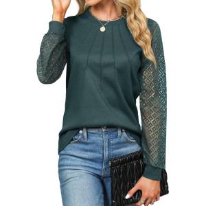 imageBlooming Jelly Womens Waffle Knit Tops Dressy Business Casual Blouses Lace Long Sleeve Work Shirts Fall ClothesDark Green