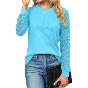 imageBlooming Jelly Womens Waffle Knit Tops Dressy Business Casual Blouses Lace Long Sleeve Work Shirts Fall ClothesLight Blue
