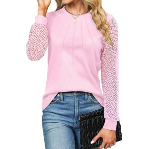 imageBlooming Jelly Womens Waffle Knit Tops Dressy Business Casual Blouses Lace Long Sleeve Work Shirts Fall ClothesLight Pink