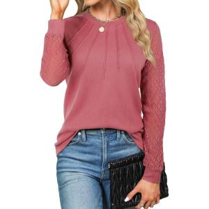 imageBlooming Jelly Womens Waffle Knit Tops Dressy Business Casual Blouses Lace Long Sleeve Work Shirts Fall ClothesPink