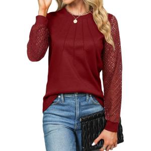 imageBlooming Jelly Womens Waffle Knit Tops Dressy Business Casual Blouses Lace Long Sleeve Work Shirts Fall ClothesRed