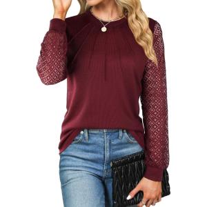 imageBlooming Jelly Womens Waffle Knit Tops Dressy Business Casual Blouses Lace Long Sleeve Work Shirts Fall ClothesWine Red
