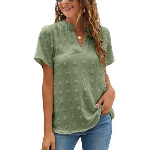 imageBlooming Jelly Womens White Chiffon Blouses Short Sleeve V Neck Shirts Summer Casual Polka Dot TopsArmy Green