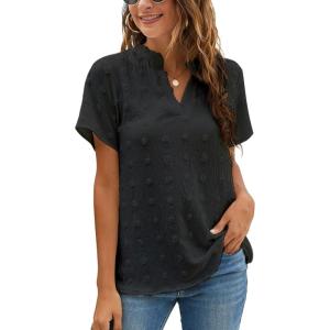 imageBlooming Jelly Womens White Chiffon Blouses Short Sleeve V Neck Shirts Summer Casual Polka Dot TopsBlack