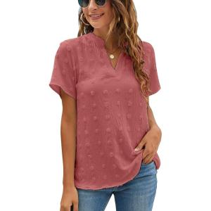 imageBlooming Jelly Womens White Chiffon Blouses Short Sleeve V Neck Shirts Summer Casual Polka Dot TopsCoral Red